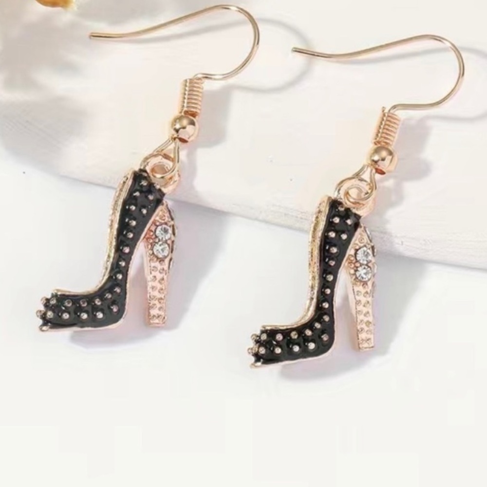 Crystal Rhinestone Enamel High Platform Heel Stiletto 1.5”Earrings Black NEW NWT